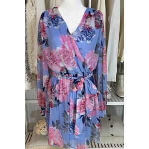 Express Women's Size M Light Blue Floral Back Zip Tie Waist Romper #0495